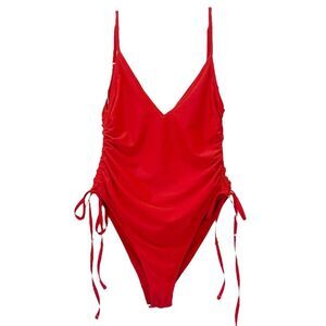 NWT We Are We Wear Eco Nicola Red Deep Plunge Swimsuit Size Small Ruched Sides